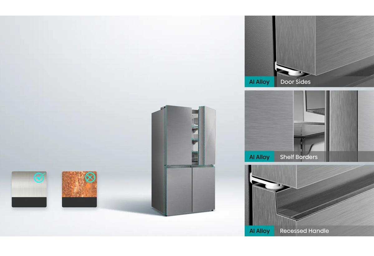 Απεικονίζονται τα σημεία, στα οποία βρίσκεται το ανοξείδωτο ατσάλι και εικονίδια που δηλώνουν ότι δε σκουριάζει.